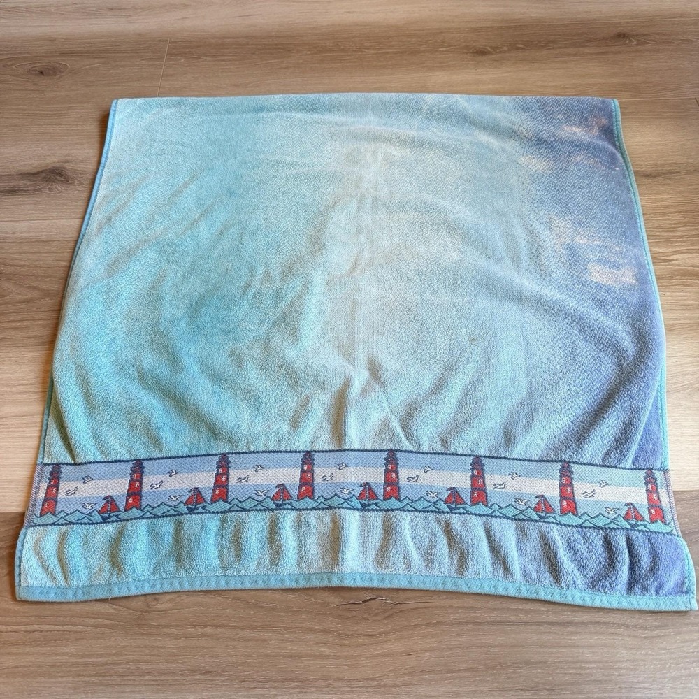 Terrisol Vintage Beach Towel Light House/Boat Scene Blue Ombré 100% Cotton